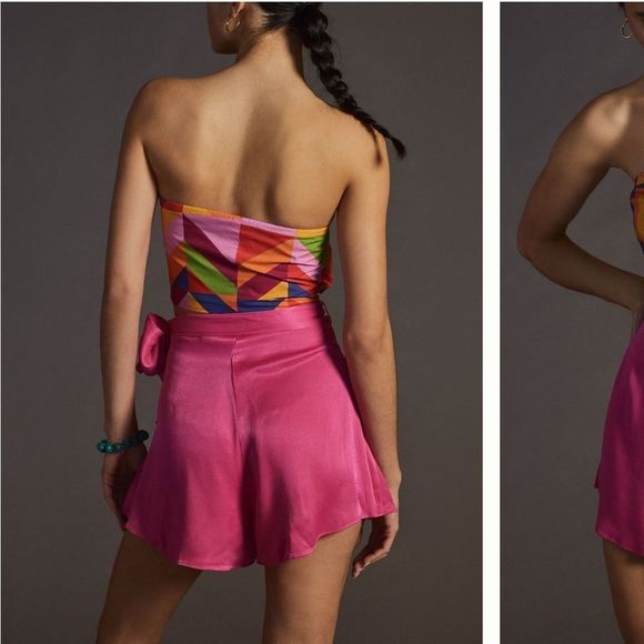 NWT Anthropologie Maeve Barbie Hot Pink Satin Flare Button Waist Tie Shorts - Picture 4 of 5